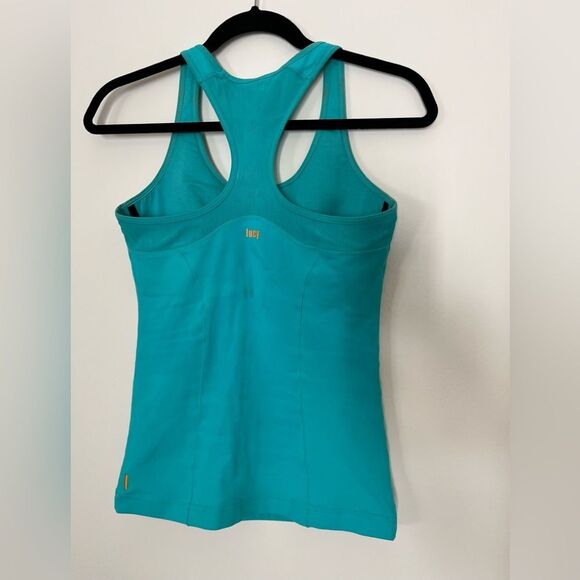 Lucy teal workout top, very slimming and tight, bra support, size Small - Picture 3 of 7